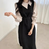 Korean Style Color Contrast Dress with Asymmetrical Collar