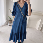 Relaxed V-Neck Button Down Denim Color Cotton Dress