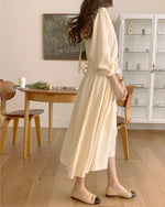 V-Neck Front Button Back Tie Pleated Chiffon Dress