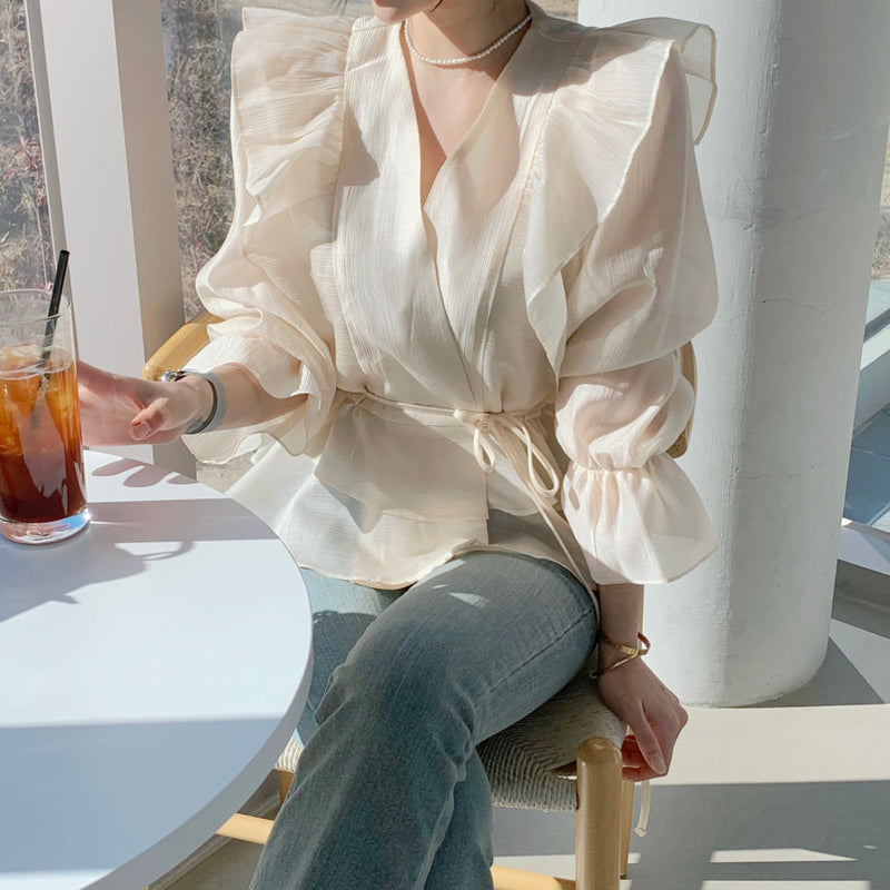 Long Sleeve Belted Chiffon Blouse with Ruffled Shoulder and Hems