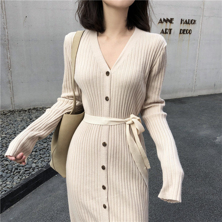 Ribbed Knit Button-Up Midi Dress with Belt