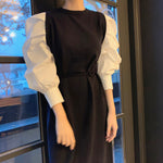 Round Neck Color Contrast Belted Knit Dress with Balloon Shirt Sleeves