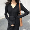 Ribbed Knit Button-Up Midi Dress with Belt