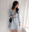 Blue Houndstooth Long Sleeve V-Neck Elegant Dress