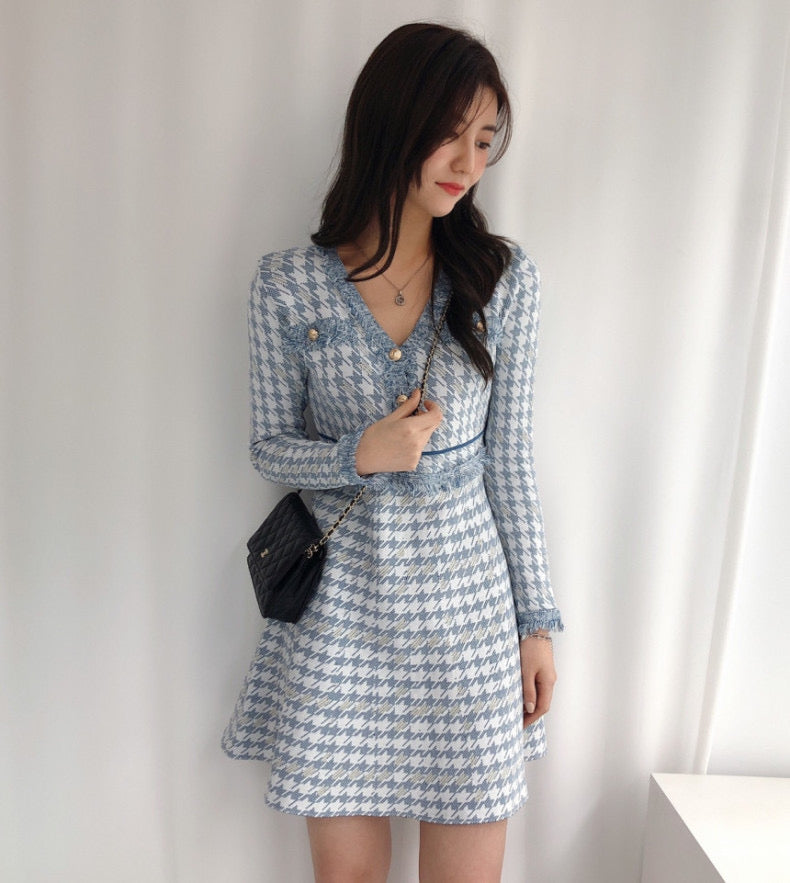 Blue Houndstooth Long Sleeve V-Neck Elegant Dress