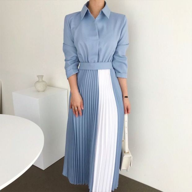 Two Tone Color Block Pleated Long Sleeve Shirt Dress