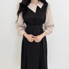 Korean Style Color Contrast Dress with Asymmetrical Collar