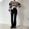 Round Neck Drop Shoulder Stripe Sweater with Gathered Waist and Slit