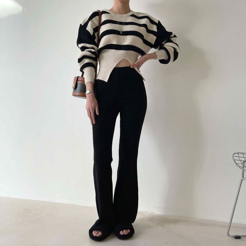 Round Neck Drop Shoulder Stripe Sweater with Gathered Waist and Slit