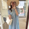 Sun Flower Stripe Round Neck Short Sleeve Checked Midi Dress