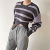 Round Neck Drop Shoulder Stripe Sweater with Gathered Waist and Slit