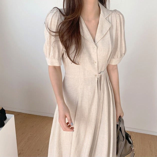 Linen Shirt Dress with Notched Lapels