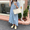 Sun Flower Stripe Round Neck Short Sleeve Checked Midi Dress