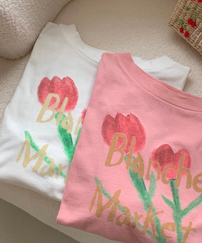 Pink Tulip Print Cotton T-Shirt