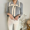 Knit Top with Double Layered Pointed Collar and Tie