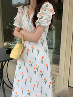 Tulip Print Short Sleeve Double V-Neck Midi Dress