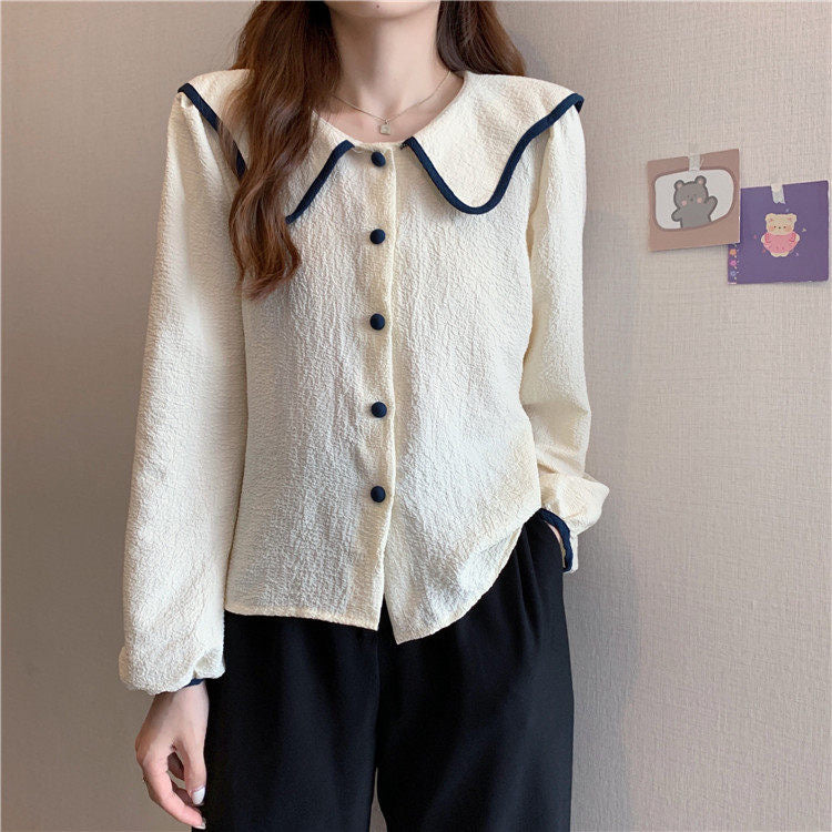 Large Collar Color Contrast Textured Blouse