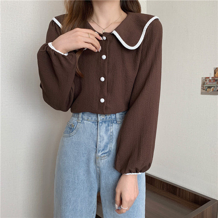 Large Collar Color Contrast Textured Blouse