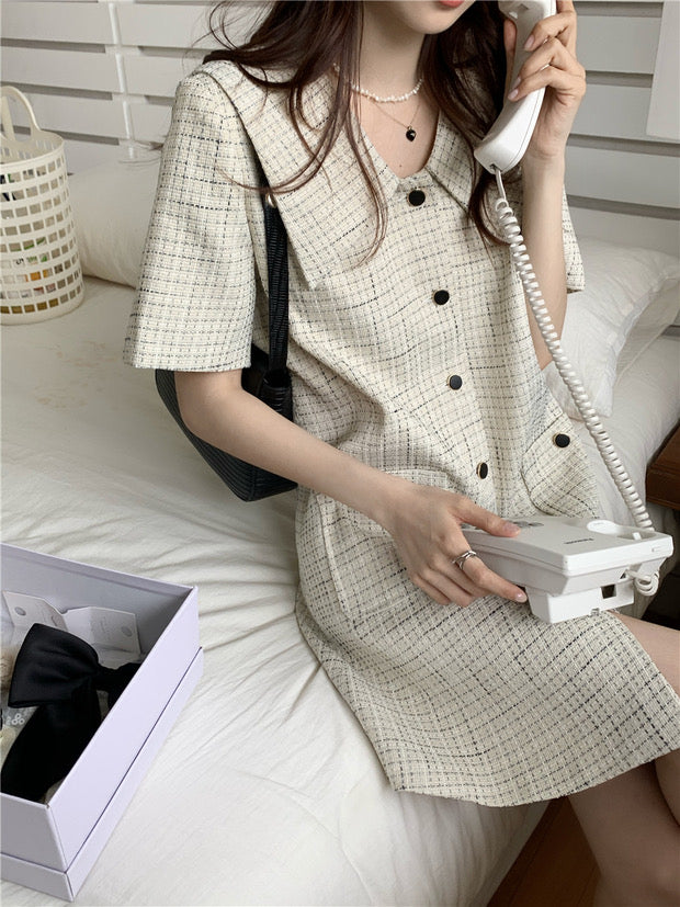 Short Sleeve Plaid Tweed Shift Dress with Oversized Collar