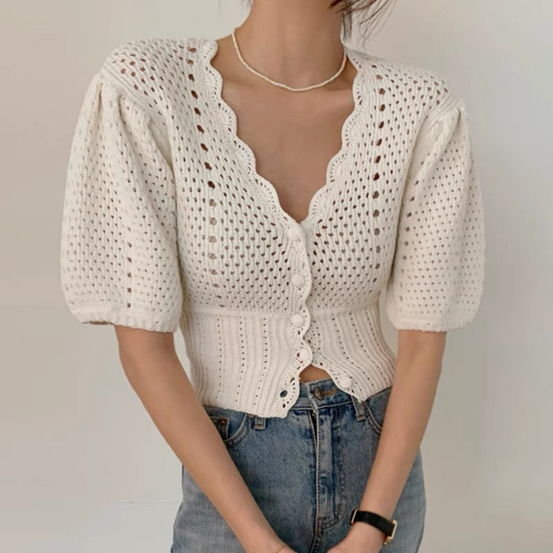 Scalloped V-Neck Pointelle Short Sleeve Cropped Top