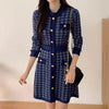 Classic Dark Blue Houndstooth Buttoned Knit Dress