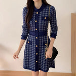 Classic Dark Blue Houndstooth Buttoned Knit Dress