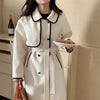 French Style Contrast Trim Double Face Wool Blend Belted Coat