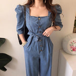 Square Neck Belted Denim Jumpsuit