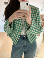 V-Neck Collarless Houndstooth Jacket with Pearly Buttons