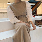 Round Neck Color Contrast Belted Knit Dress with Balloon Shirt Sleeves