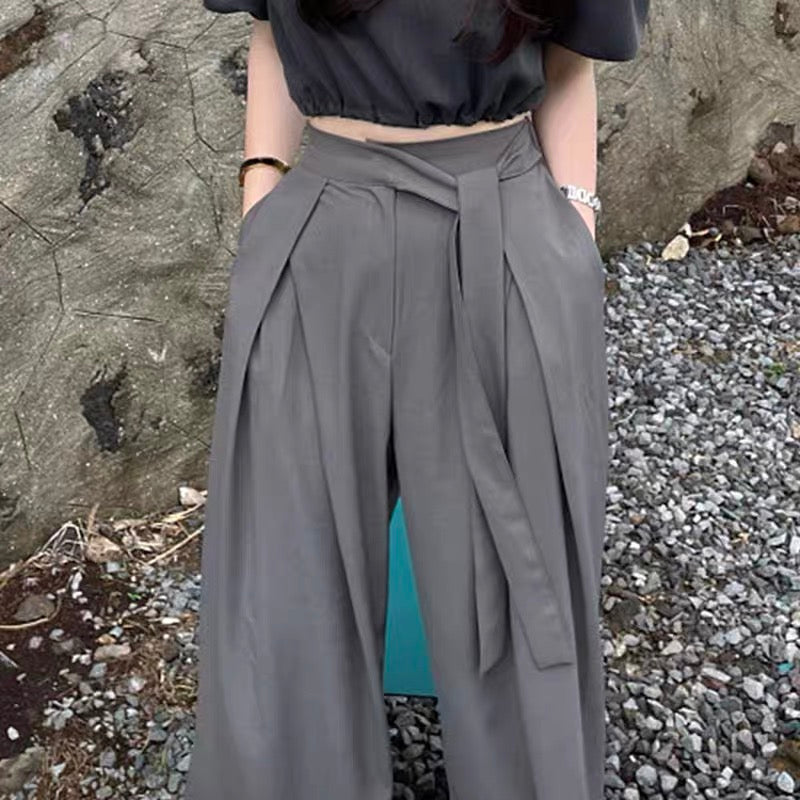 Korean Style Wide Leg Belted Pants