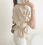 Puffed Short Sleeve Belted Shirt