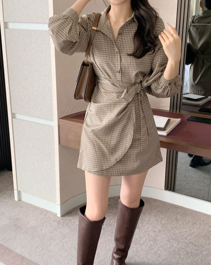 Mini Shirt Dress in Khaki Plaid