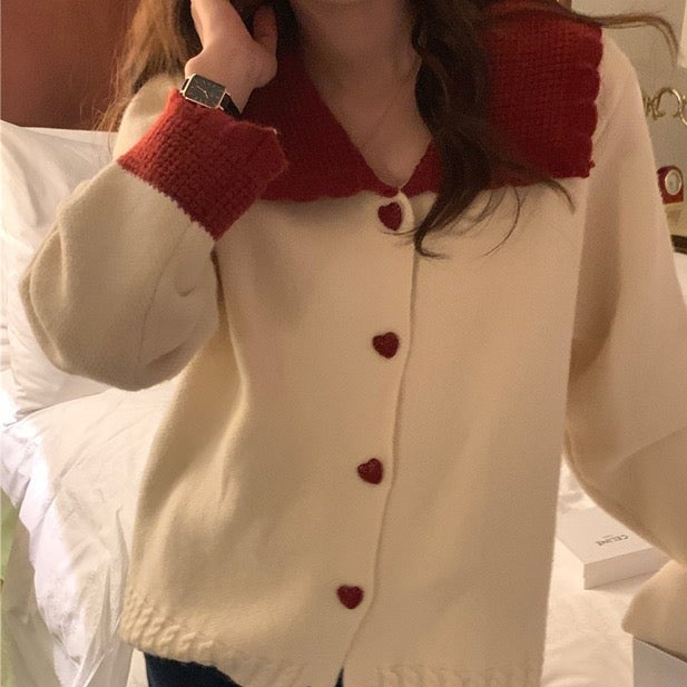 Two Tone Color Contrast Cardigan with Oversized Collar