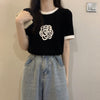 Camellia Flower Color Contrast Soft Knit Short Sleeve Top