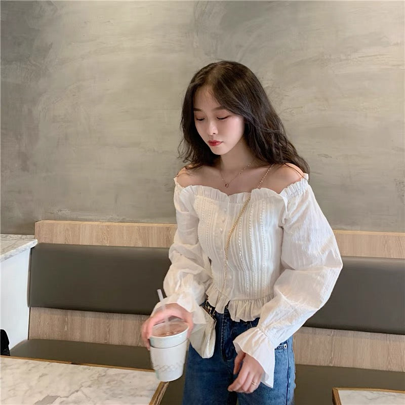 Drop Shoulder Ruffled Neckline Top