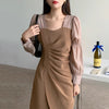 Sheer Sleeves Two Tone Ruched Dress