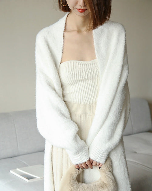 Open Long Cardigan in Faux Mink Cashmere