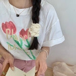 Pink Tulip Print Cotton T-Shirt