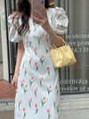 Tulip Print Short Sleeve Double V-Neck Midi Dress