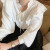 Ruffled Neck Pleated Balloon Sleeve Blouse