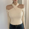 Cold Shoulder Ribbed Knit Top with Halter Neck