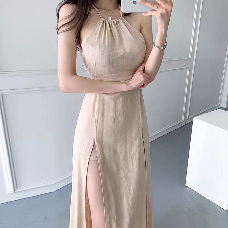 Deep Slit Halter Neck Sleeveless Maxi Dress with Shorts