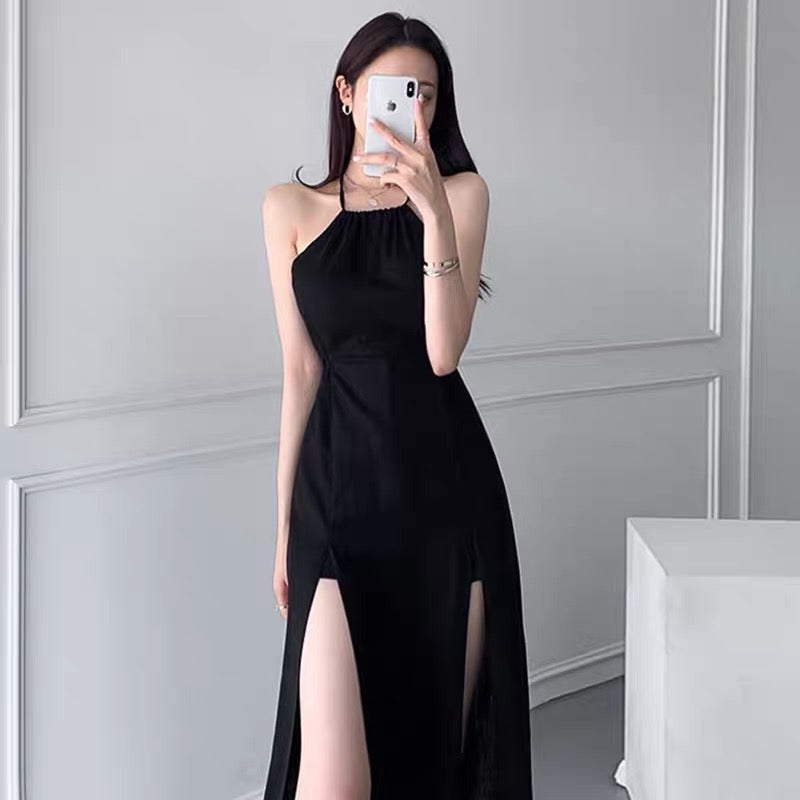 Deep Slit Halter Neck Sleeveless Maxi Dress with Shorts