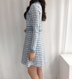 Blue Houndstooth Long Sleeve V-Neck Elegant Dress