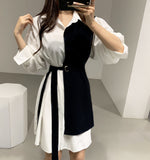 Color Block Metal Ring Belted Shirt Dress