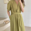 Matcha Green / Beige V-Neck Belted Dress with Pockets