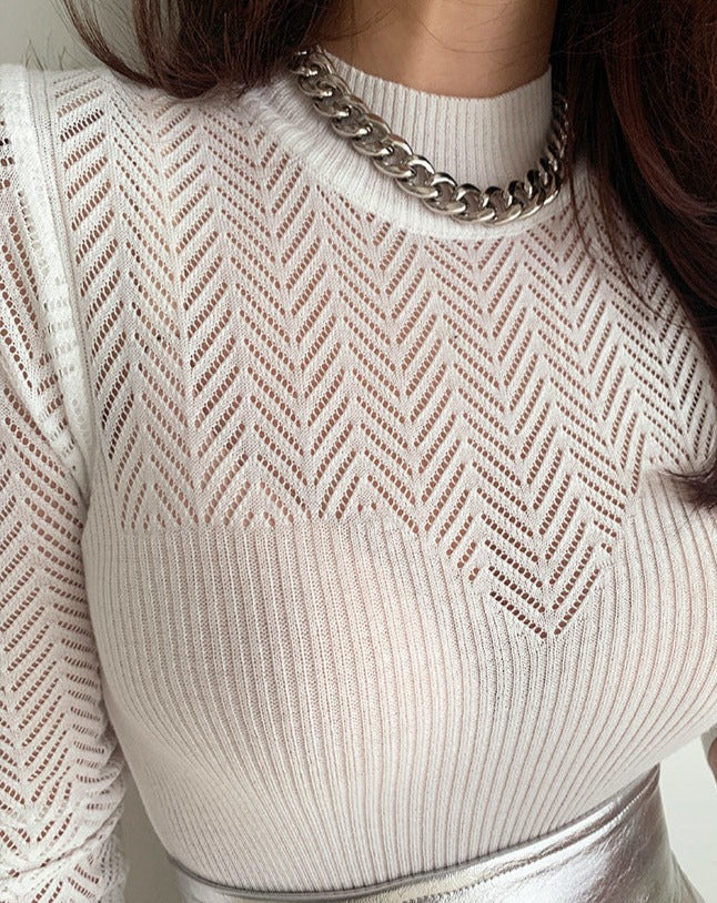 Mock Neck Chevron Mesh Knit Top