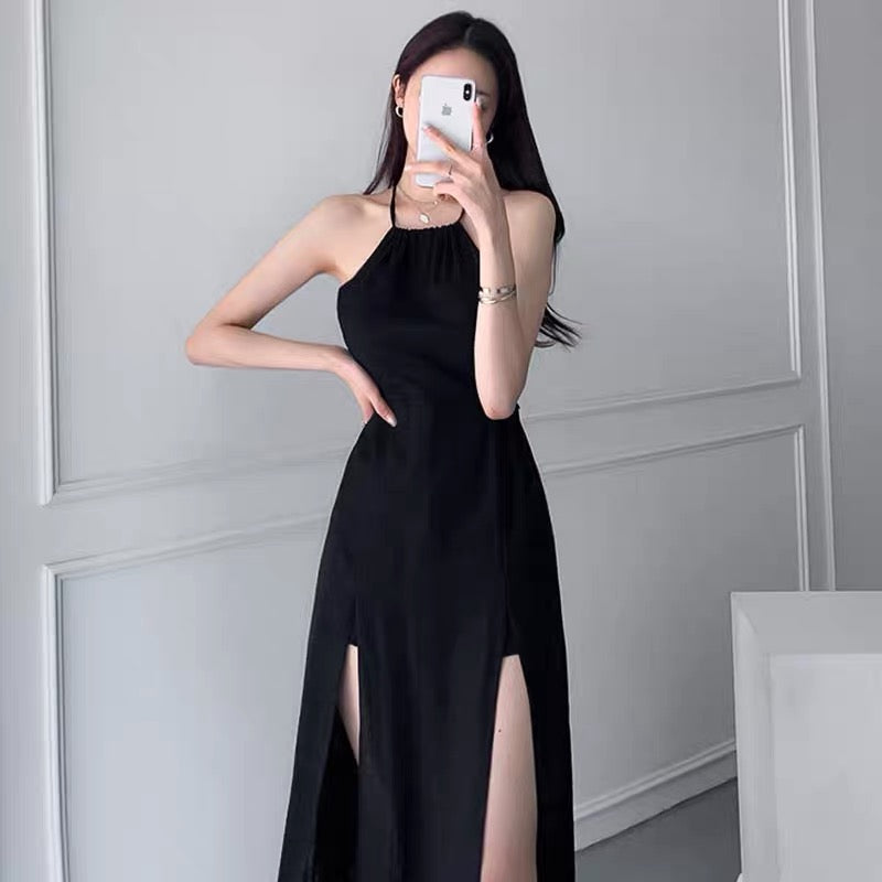 Deep Slit Halter Neck Sleeveless Maxi Dress with Shorts