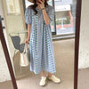 Sun Flower Stripe Round Neck Short Sleeve Checked Midi Dress